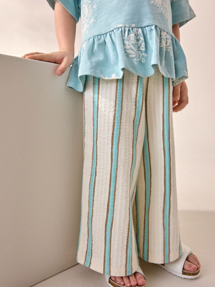 Blue Stripe Flower Short Sleeve Peplum 100% Cotton T-Shirt and Wide Leg Trousers Set (3mths-7yrs) - Image 4 of 10
