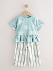 Blue Stripe Flower Short Sleeve Peplum 100% Cotton T-Shirt and Wide Leg Trousers Set (3mths-7yrs) - Image 5 of 10