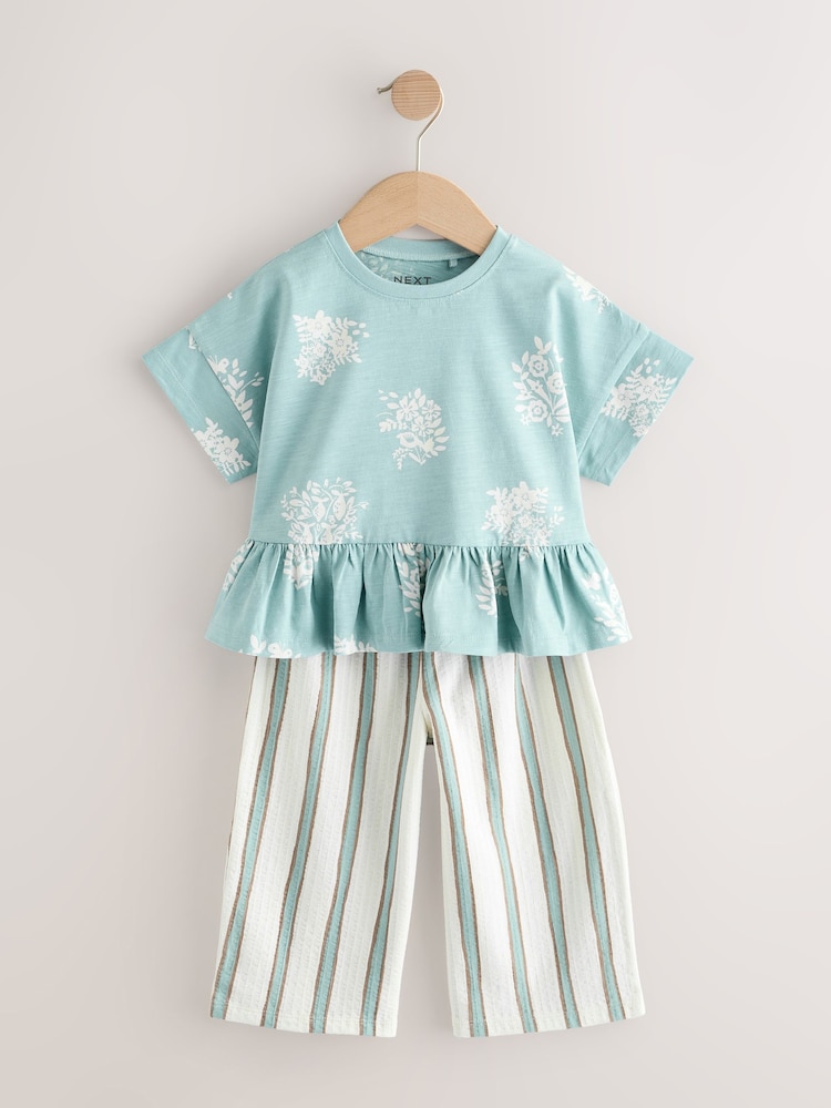 Blue Stripe Flower Short Sleeve Peplum 100% Cotton T-Shirt and Wide Leg Trousers Set (3mths-7yrs) - Image 5 of 10