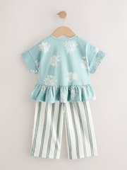 Blue Stripe Flower Short Sleeve Peplum 100% Cotton T-Shirt and Wide Leg Trousers Set (3mths-7yrs) - Image 6 of 10