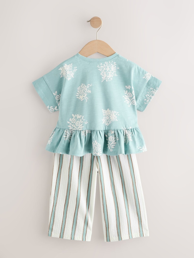 Blue Stripe Flower Short Sleeve Peplum 100% Cotton T-Shirt and Wide Leg Trousers Set (3mths-7yrs) - Image 6 of 10