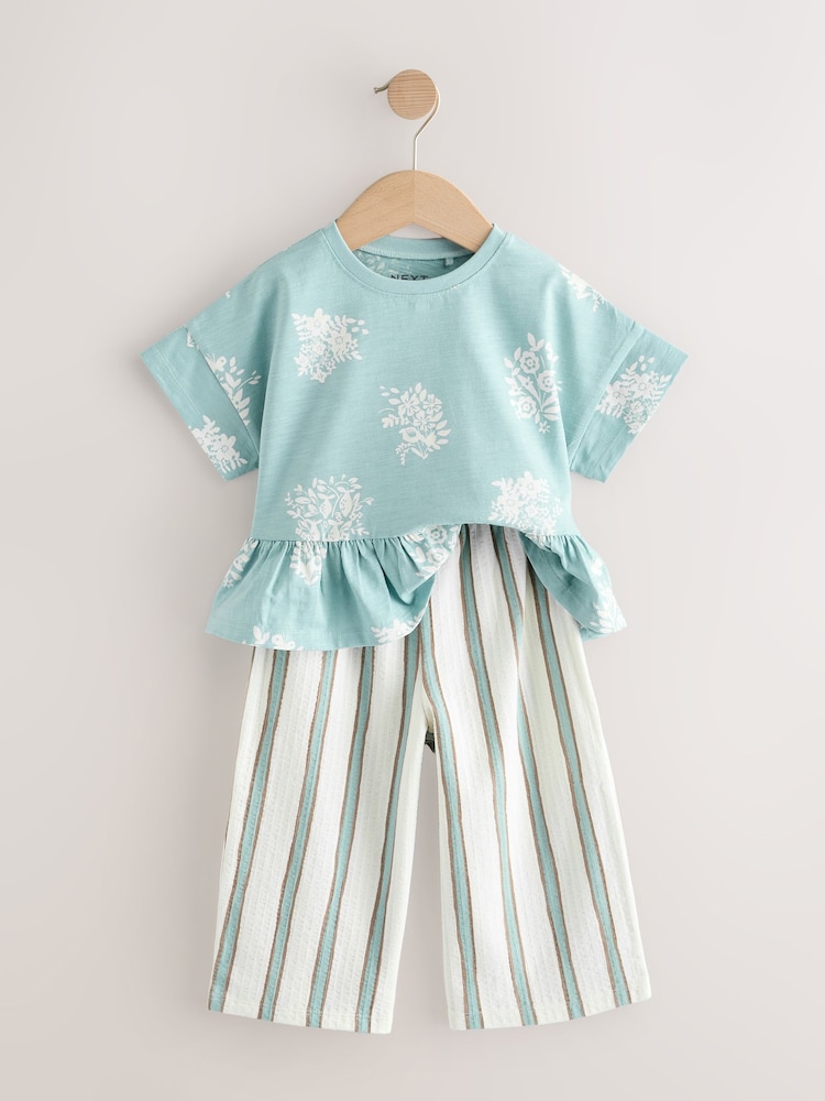 Blue Stripe Flower Short Sleeve Peplum 100% Cotton T-Shirt and Wide Leg Trousers Set (3mths-7yrs) - Image 7 of 10