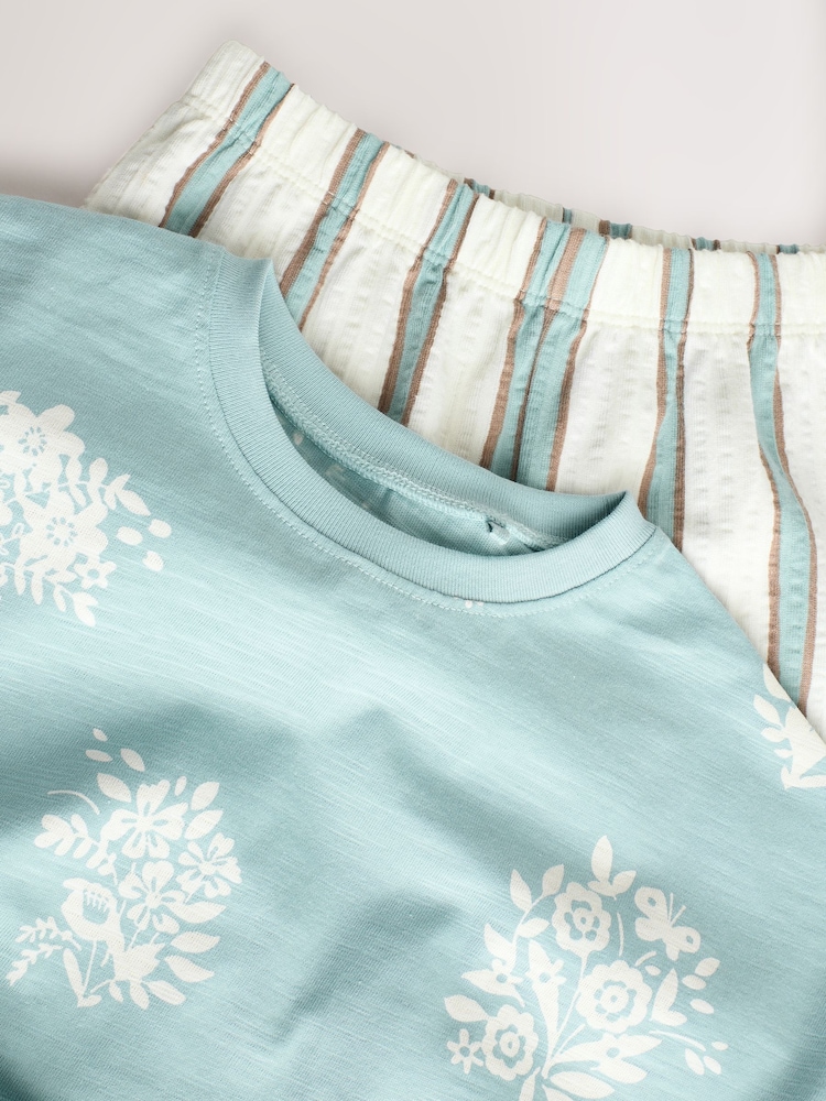 Blue Stripe Flower Short Sleeve Peplum 100% Cotton T-Shirt and Wide Leg Trousers Set (3mths-7yrs) - Image 8 of 10