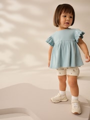 Blue Ditsy Floral Print Short Sleeve Peplum Top and Cycle Shorts Set (3mths-7yrs) - Image 1 of 9