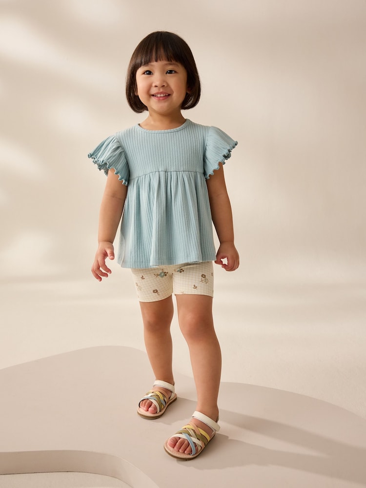 Blue Ditsy Floral Print Short Sleeve Peplum Top and Cycle Shorts Set (3mths-7yrs) - Image 2 of 9