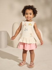 White/Pink Embroidered Flowers Peplum 100% Cotton Vest and Shorts Set (3mths-7yrs) - Image 1 of 8