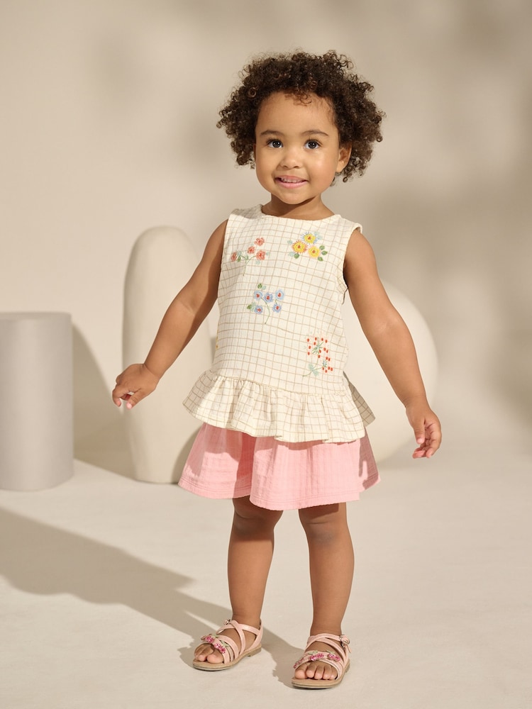 White/Pink Embroidered Flowers Peplum 100% Cotton Vest and Shorts Set (3mths-7yrs) - Image 1 of 8