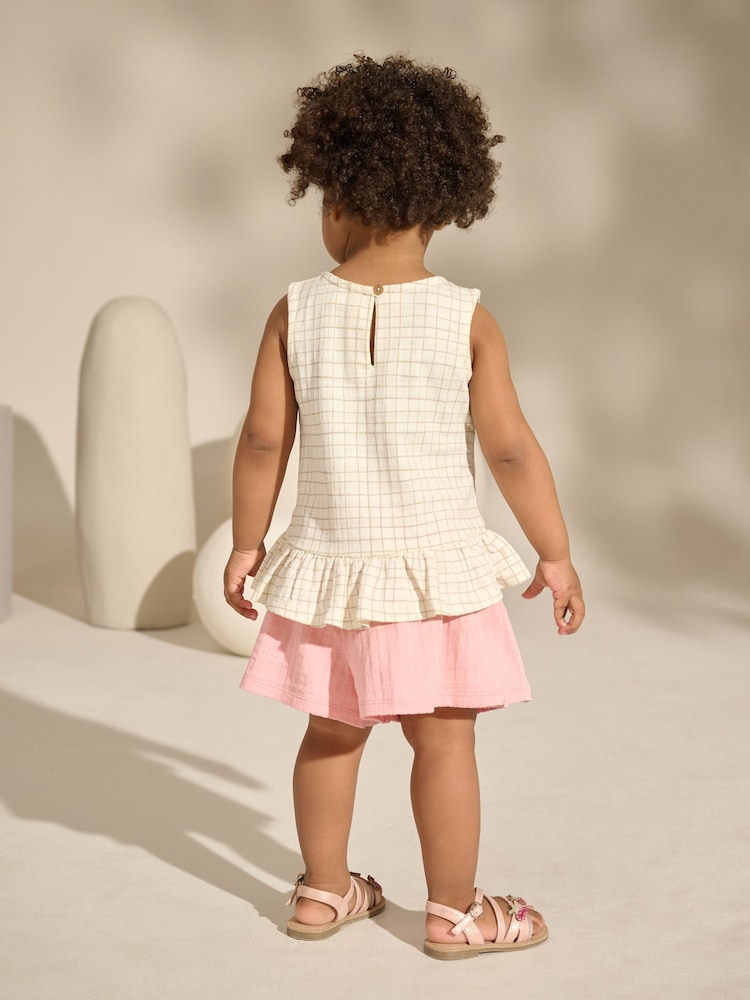 White/Pink Embroidered Flowers Peplum 100% Cotton Vest and Shorts Set (3mths-7yrs) - Image 2 of 8