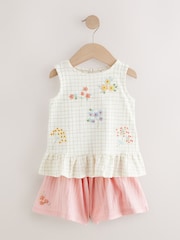White/Pink Embroidered Flowers Peplum 100% Cotton Vest and Shorts Set (3mths-7yrs) - Image 4 of 8
