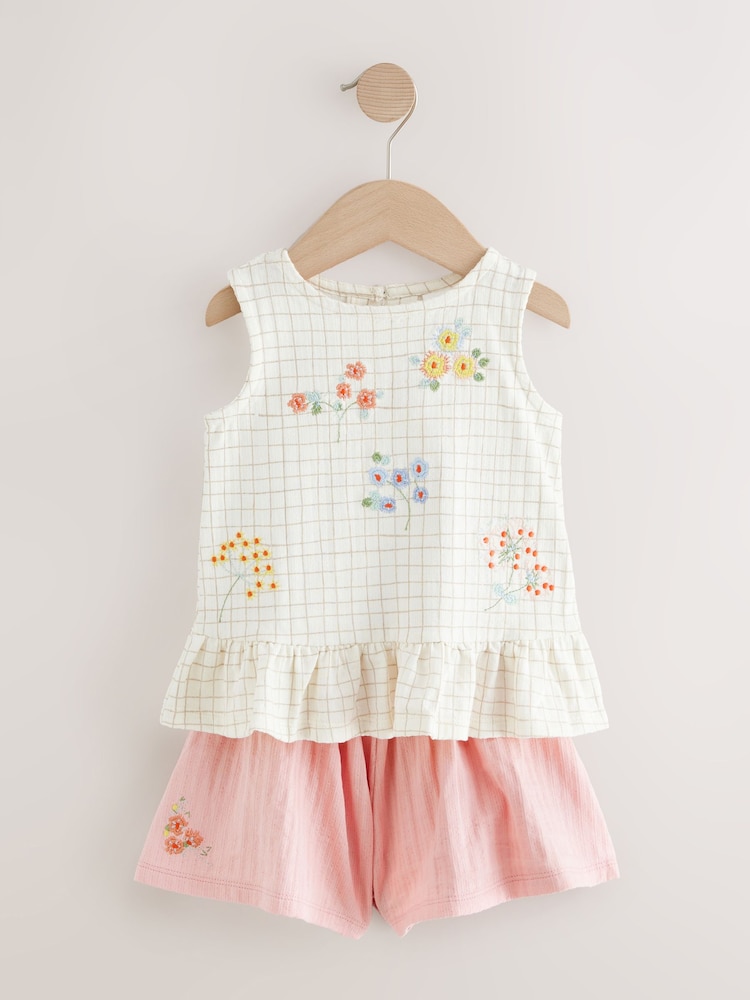 White/Pink Embroidered Flowers Peplum 100% Cotton Vest and Shorts Set (3mths-7yrs) - Image 4 of 8