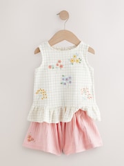 White/Pink Embroidered Flowers Peplum 100% Cotton Vest and Shorts Set (3mths-7yrs) - Image 5 of 8
