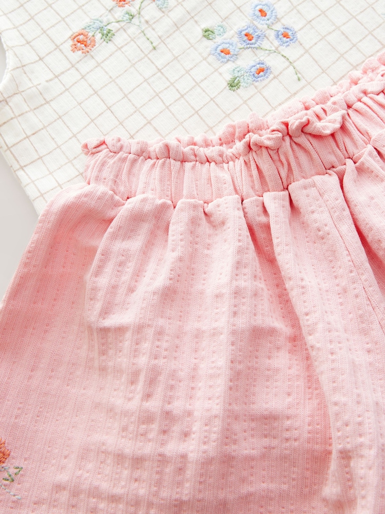 White/Pink Embroidered Flowers Peplum 100% Cotton Vest and Shorts Set (3mths-7yrs) - Image 8 of 8