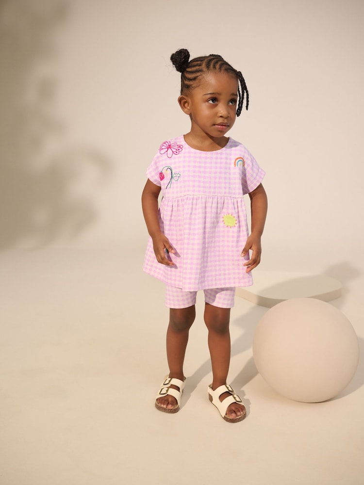 Lilac Gingham Holiday Embroidery Short Sleeve Peplum Top and Cycle Shorts Set (3mths-7yrs) - Image 1 of 5