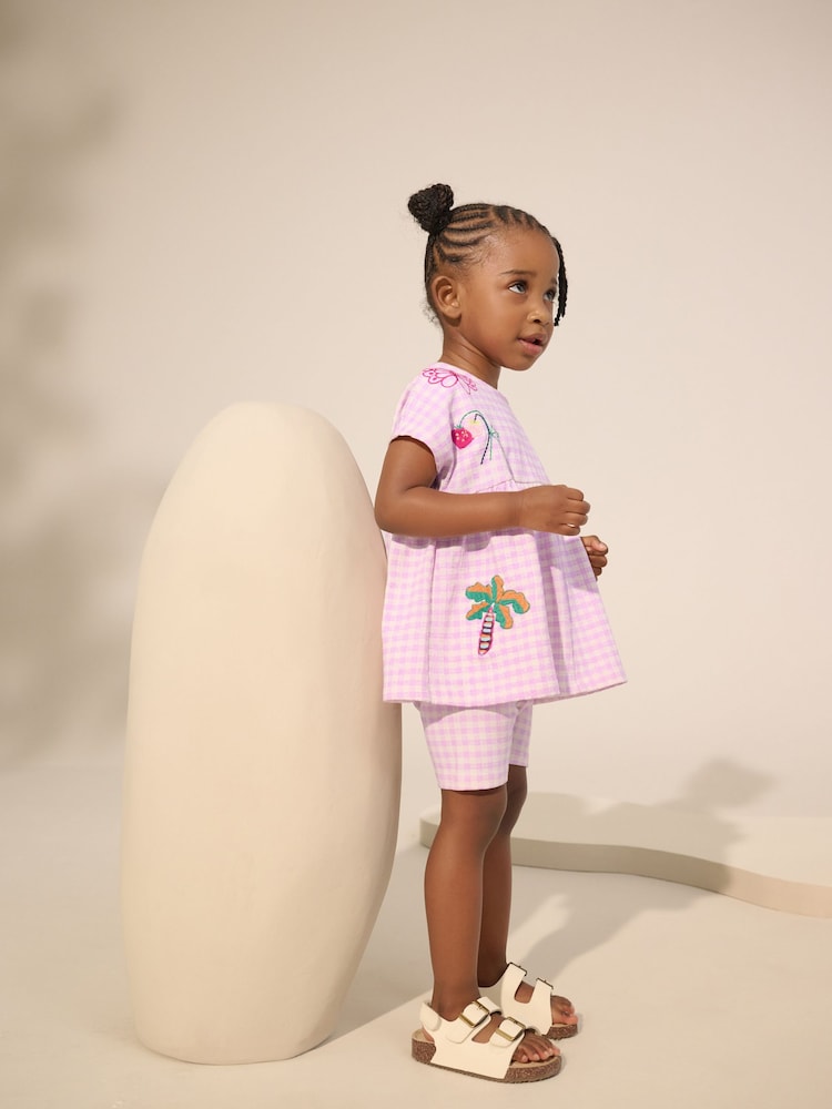 Lilac Gingham Holiday Embroidery Short Sleeve Peplum Top and Cycle Shorts Set (3mths-7yrs) - Image 2 of 5