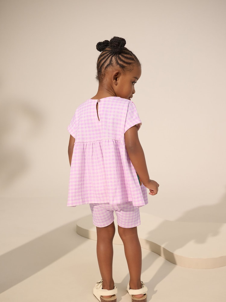 Lilac Gingham Holiday Embroidery Short Sleeve Peplum Top and Cycle Shorts Set (3mths-7yrs) - Image 3 of 5