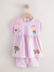 Lilac Gingham Holiday Embroidery Short Sleeve Peplum Top and Cycle Shorts Set (3mths-7yrs) - Image 6 of 12