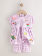 Lilac Gingham Holiday Embroidery Short Sleeve Peplum Top and Cycle Shorts Set (3mths-7yrs) - Image 7 of 12