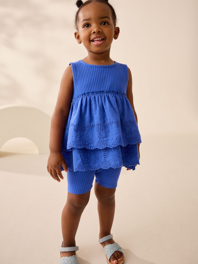 Blue Broderie Vest and Cycle Shorts Set (3mths-7yrs) - Image 1 of 8