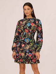 Adrianna by Adrianna Papell Smocked Printed Short Black Dress - Image 1 of 7