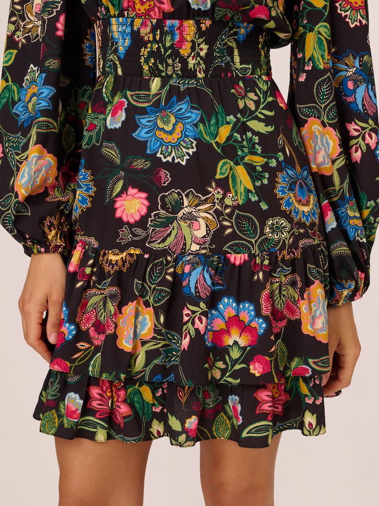 Adrianna by Adrianna Papell Smocked Printed Short Black Dress - Image 2 of 7