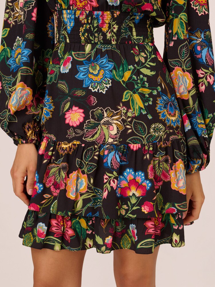 Adrianna by Adrianna Papell Smocked Printed Short Black Dress - Image 2 of 7 Adrianna by Adrianna Papell Smocked Printed Short Black Dress - Image 2 of 7