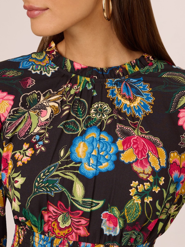 Adrianna by Adrianna Papell Smocked Printed Short Black Dress - Image 3 of 7