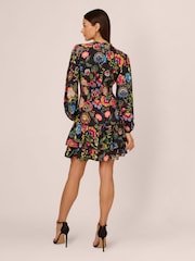 Adrianna by Adrianna Papell Smocked Printed Short Black Dress - Image 4 of 7