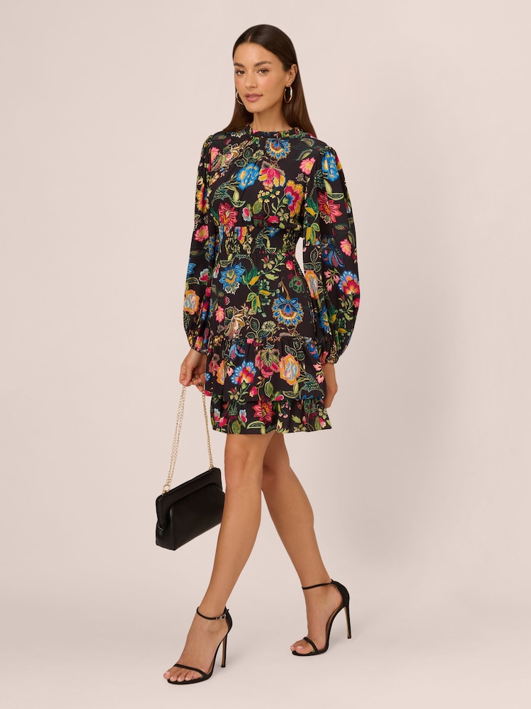 Adrianna by Adrianna Papell Smocked Printed Short Black Dress - Image 5 of 7