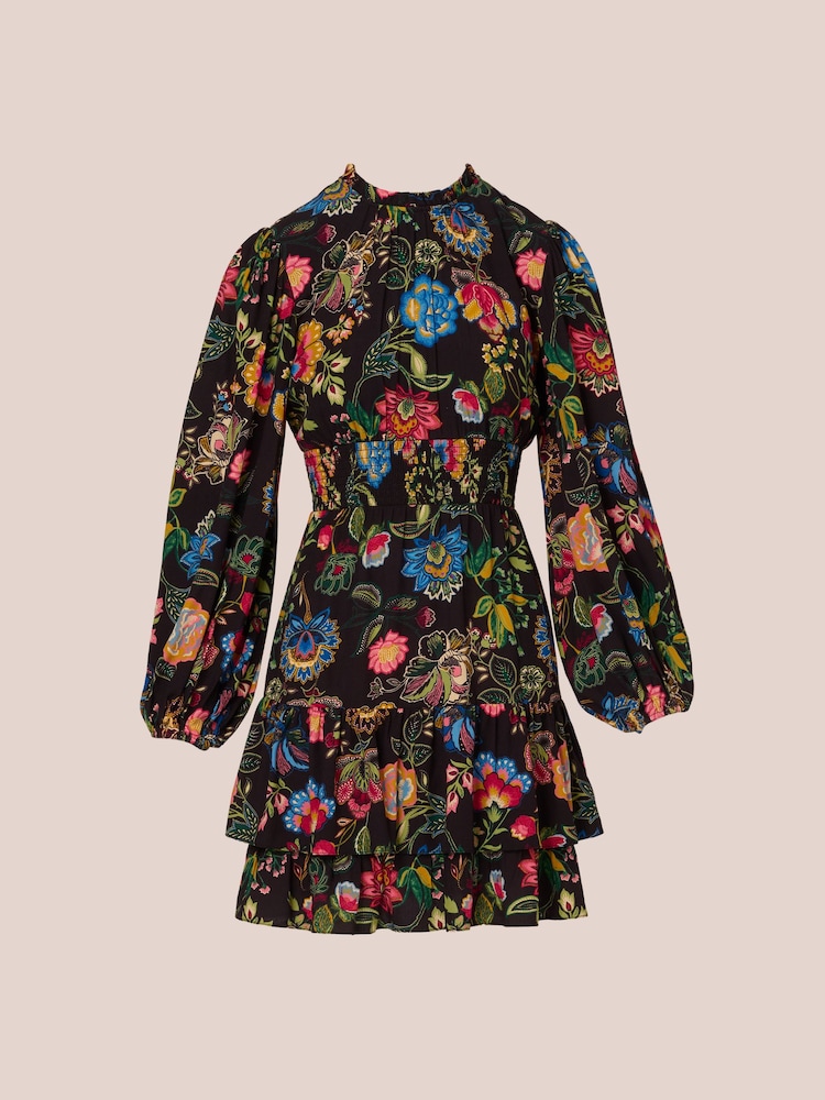 Adrianna by Adrianna Papell Smocked Printed Short Black Dress - Image 6 of 7