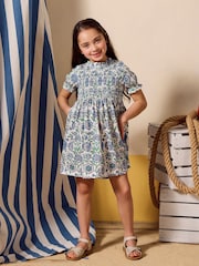 Joules Gracie Blue Short Sleeve Shirred Dress - Image 1 of 6
