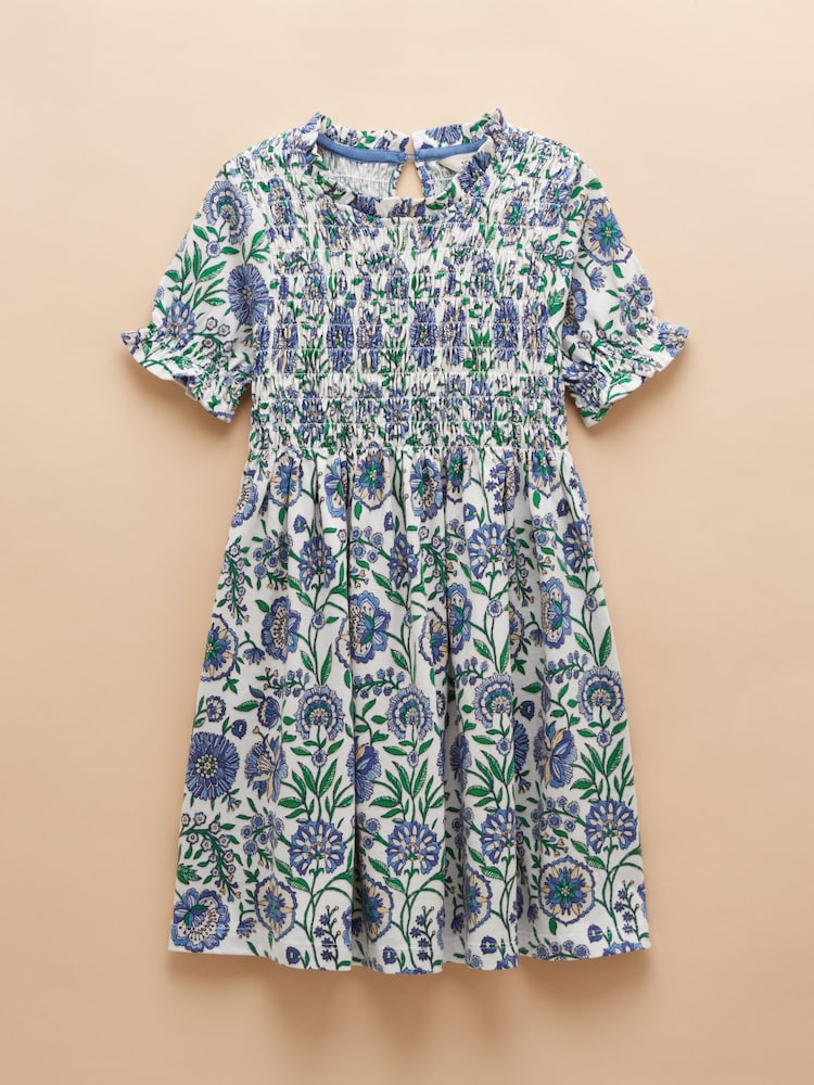 Joules Gracie Blue Short Sleeve Shirred Dress - Image 3 of 6