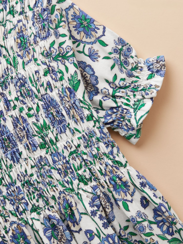 Joules Gracie Blue Short Sleeve Shirred Dress - Image 4 of 6