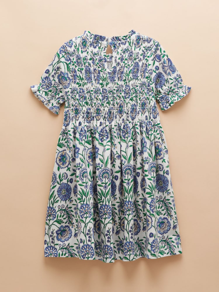 Joules Gracie Blue Short Sleeve Shirred Dress - Image 6 of 6