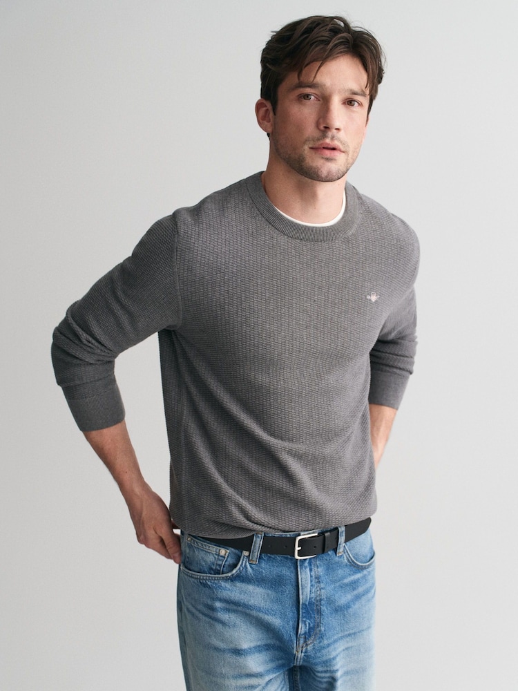 GANT Grey Micro 100% Cotton Textured Crew Neck Sweater - Image 1 of 4
