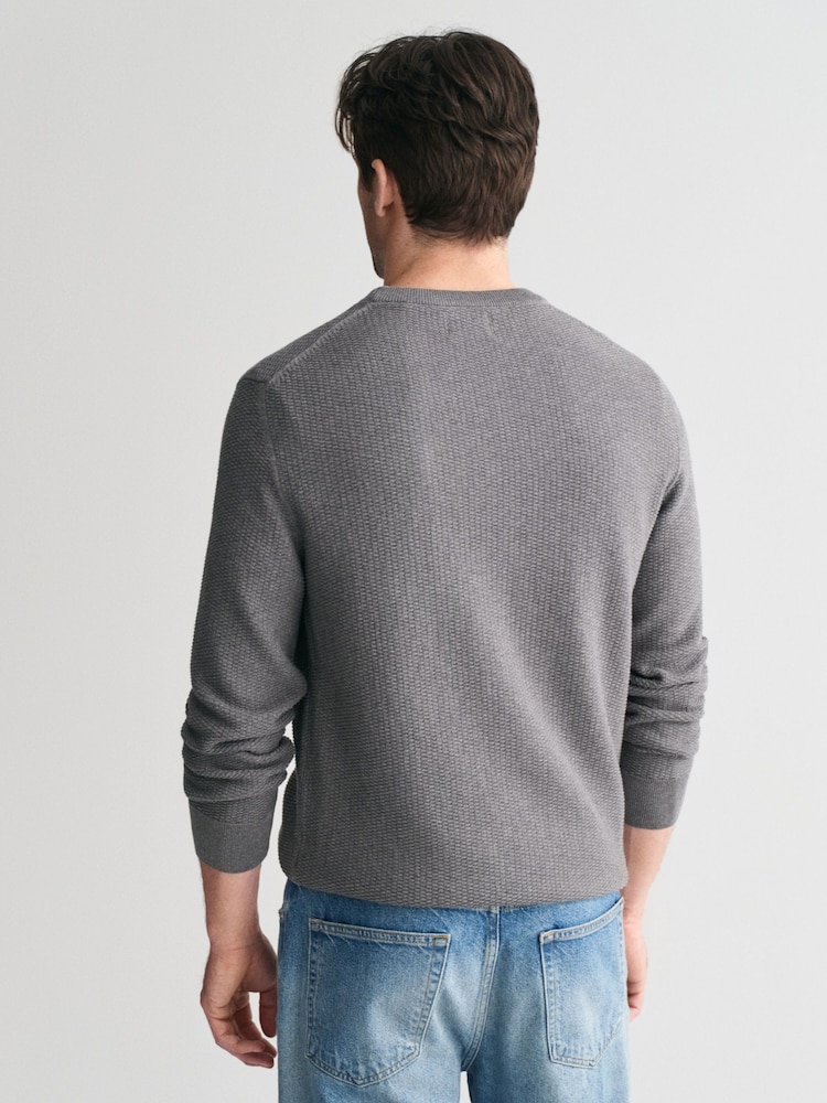 GANT Grey Micro 100% Cotton Textured Crew Neck Sweater - Image 2 of 4