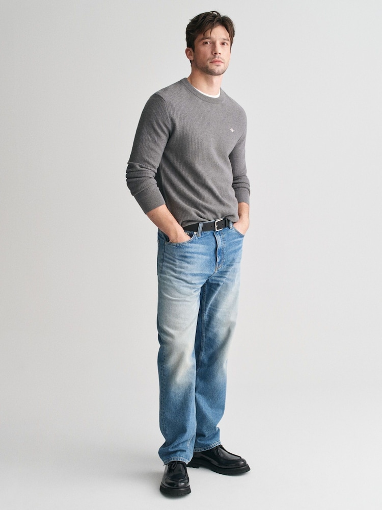 GANT Grey Micro 100% Cotton Textured Crew Neck Sweater - Image 4 of 4