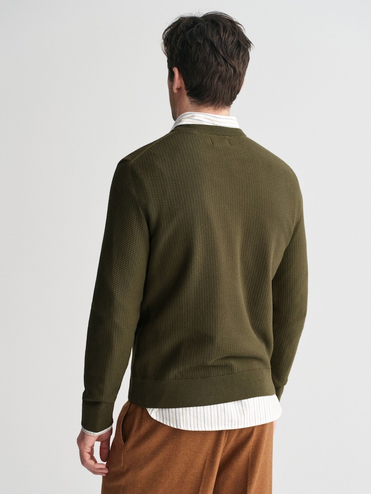 GANT Green Micro 100% Cotton Textured Crew Neck Sweater - Image 2 of 4
