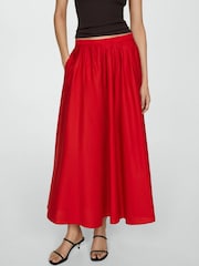 Mango Red Midi Pleated 100% Cotton Skirt - Image 1 of 6