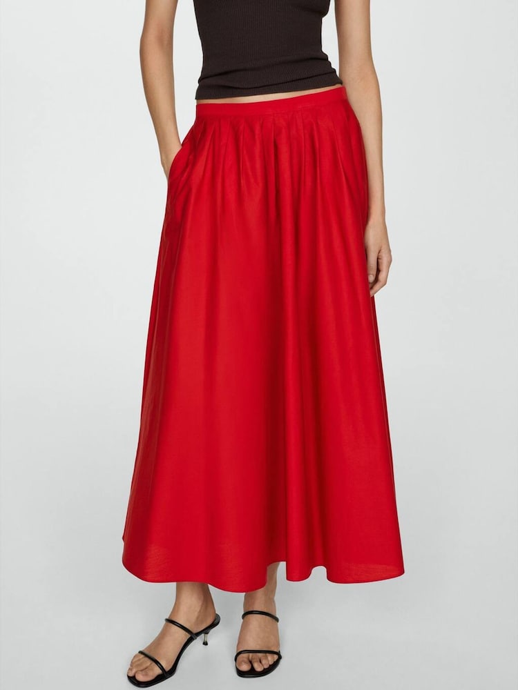 Mango Red Midi Pleated 100% Cotton Skirt - Image 1 of 6