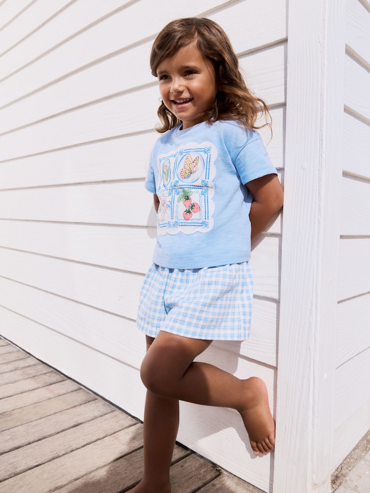 Blue Gingham Flowers Short Sleeve T-Shirt and Shorts Set (3mths-7yrs) - Image 1 of 6