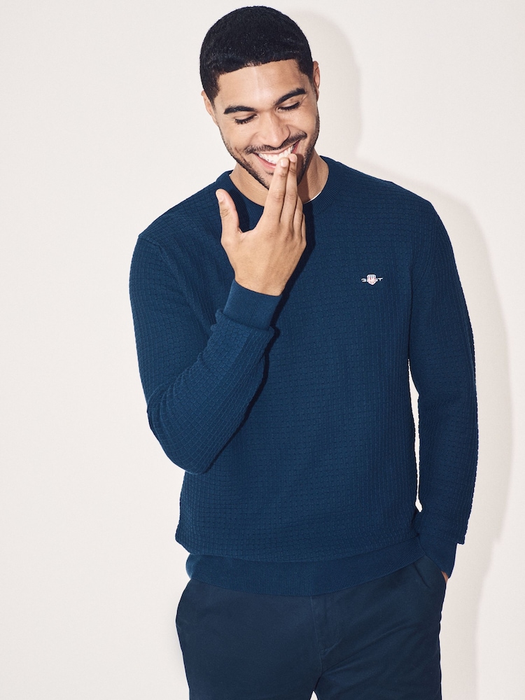 GANT Blue Textured Cotton Crew Neck Sweater - Image 1 of 5