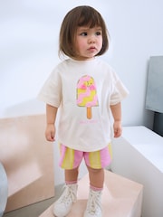 Ecru/Pink Ice Cream Character Short Sleeve T-Shirt and Shorts Set (3mths-7yrs) - Image 1 of 9
