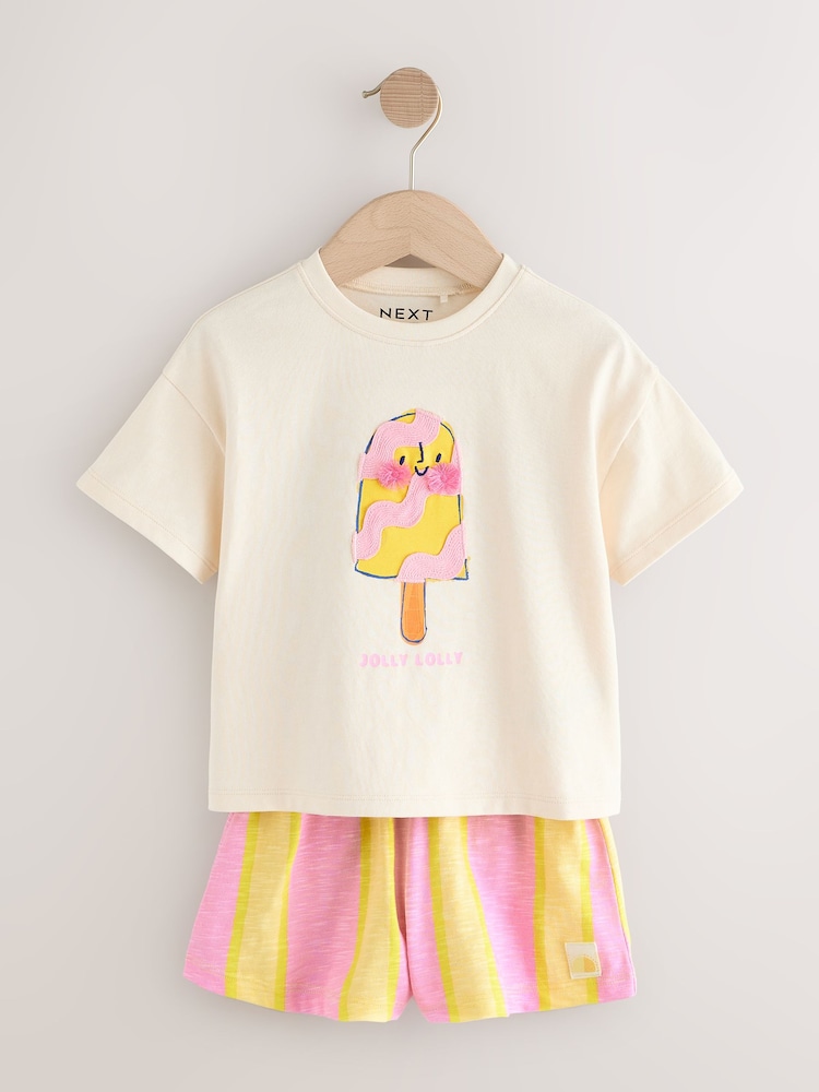 Ecru/Pink Ice Cream Character Short Sleeve T-Shirt and Shorts Set (3mths-7yrs) - Image 5 of 9
