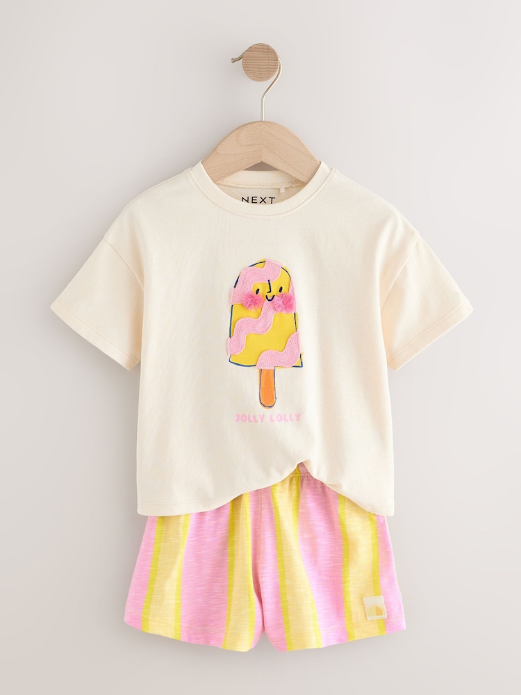Ecru/Pink Ice Cream Character Short Sleeve T-Shirt and Shorts Set (3mths-7yrs) - Image 6 of 9