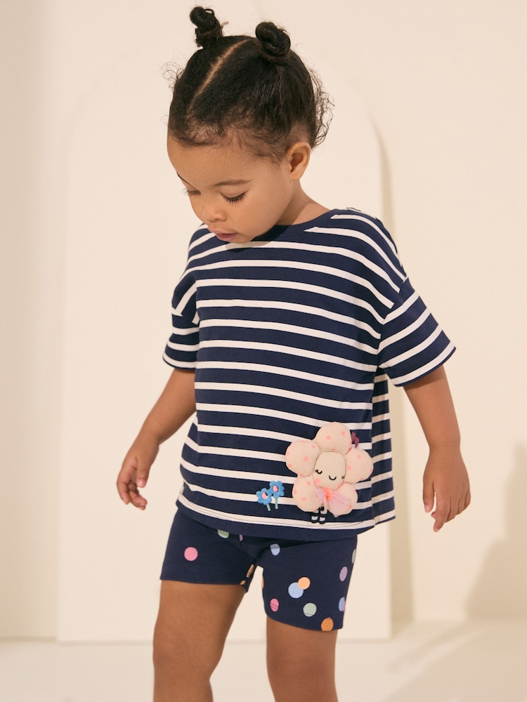 Navy Padded Flower Short Sleeve T-Shirt and Cycle Shorts Set (3mths-7yrs) - Image 1 of 9