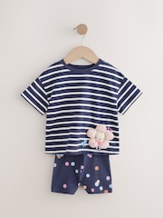 Navy Padded Flower Short Sleeve T-Shirt and Cycle Shorts Set (3mths-7yrs) - Image 5 of 9