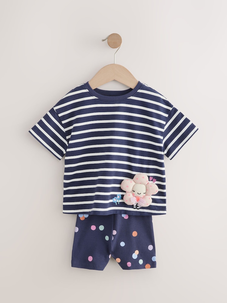 Navy Padded Flower Short Sleeve T-Shirt and Cycle Shorts Set (3mths-7yrs) - Image 5 of 9
