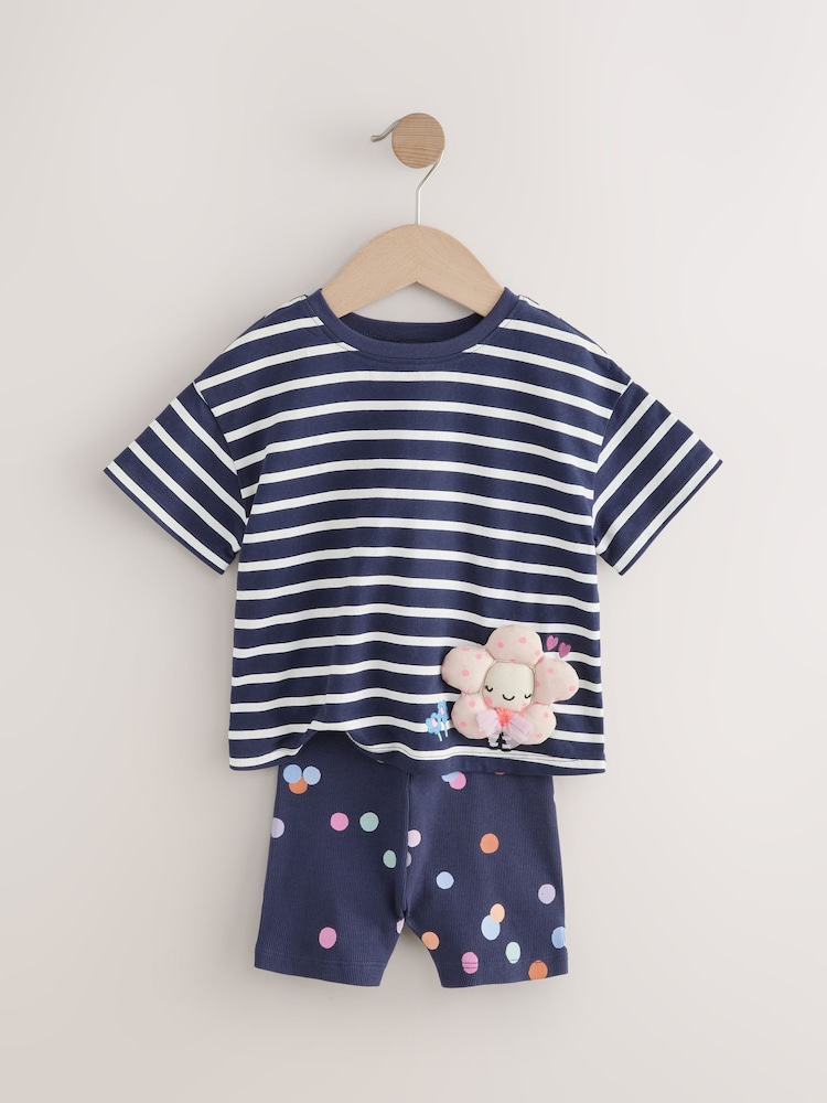 Navy Padded Flower Short Sleeve T-Shirt and Cycle Shorts Set (3mths-7yrs) - Image 6 of 9