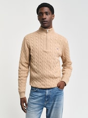 GANT Brown Cable Half Zip 100% Cotton Jumper - Image 1 of 5