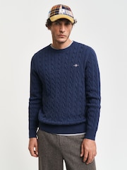 GANT Blue 100% Cotton Cable Crew Neck Jumper - Image 1 of 4